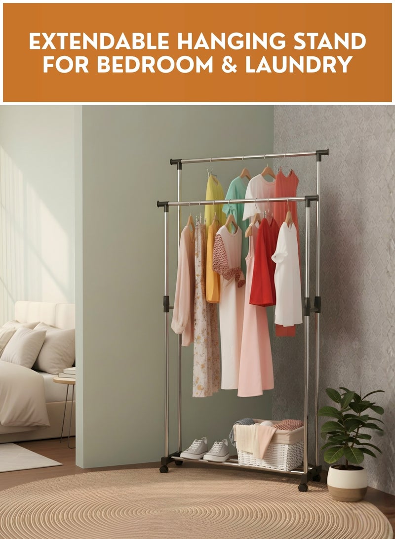 JUNI Portable Double Rail Clothes Rack with Wheels, Stainless Steel Foldable Garment and Laundry Rack, Adjustable Hanging Stand for Indoor & Outdoor Use, Rolling Clothing & Display Rack - Image 4